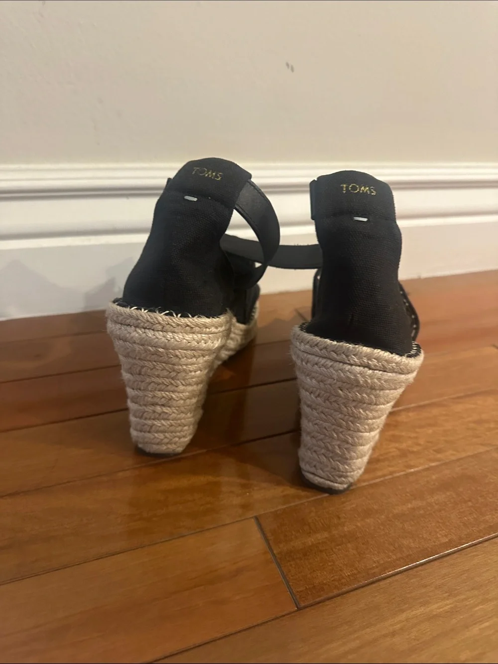 Toms Black Canvas Espadrille Wedge Sandals with Ankle Tie